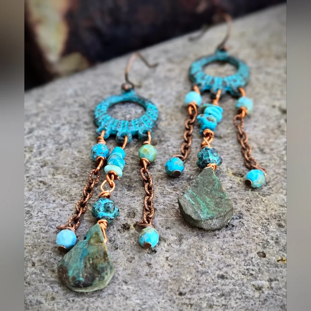 Genuine Turquoise In Green-Blue Patina Verdigris Chandelier Earrings In Copper